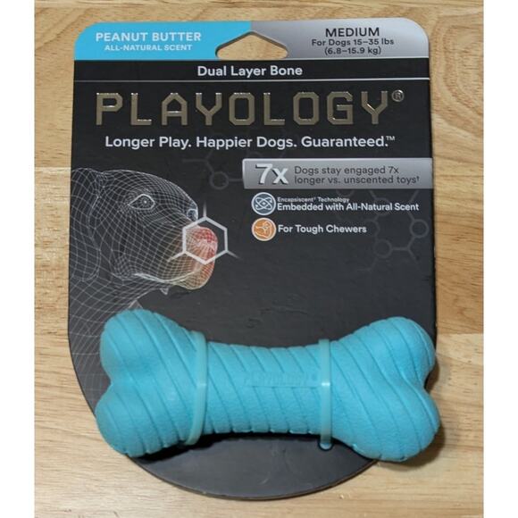 Playology Dual Layer Bone Dog Toy Peanut Butter Scent for Tough Chewers, Medium - Picture 2 of 9
